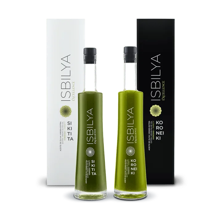 Lote de Aceite de Oliva Virgen Extra Black & White Sin Filtrar de Isbilya. Contiene una botella 500 ml Koroneiki y una botella 500 ml Sikitita,, incluye estuches.